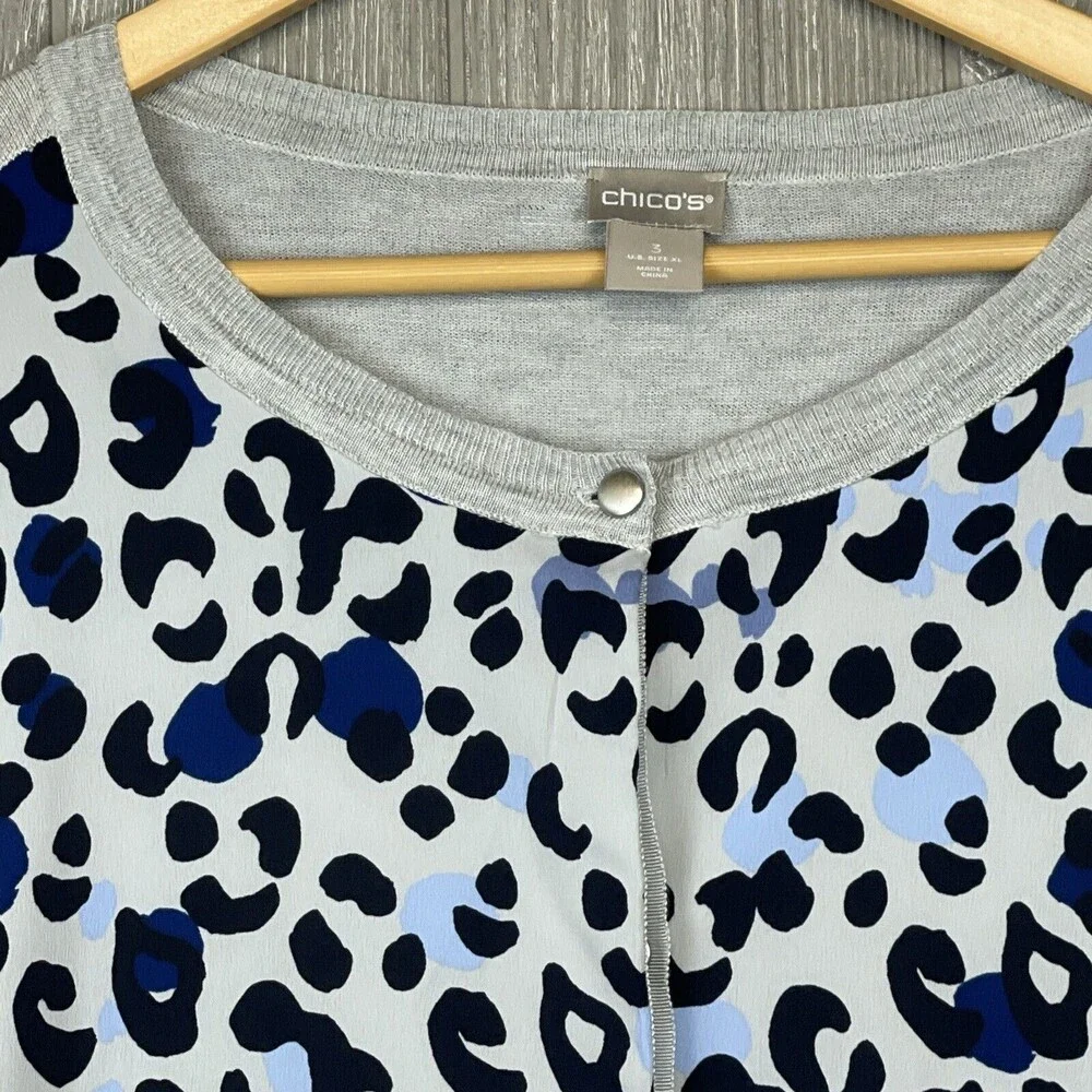 Chicos Cardigan Sweater Womens 3 XL Grey Blue Leopard‎ Animal Office Bold Fun